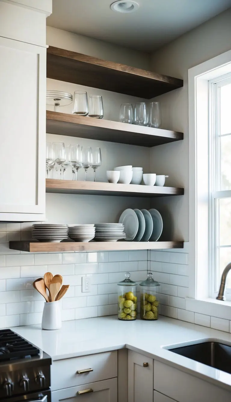 A modern kitchen with open shelving displaying neatly arranged dishware and glassware. The shelves are mounted on a white subway tile backsplash, with natural light streaming in from a nearby window