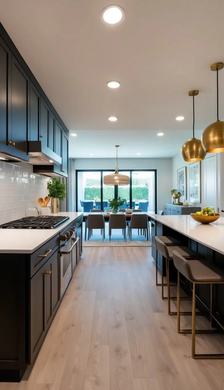 A spacious kitchen seamlessly transitions into a modern dining area, with an open floor plan and stylish decor