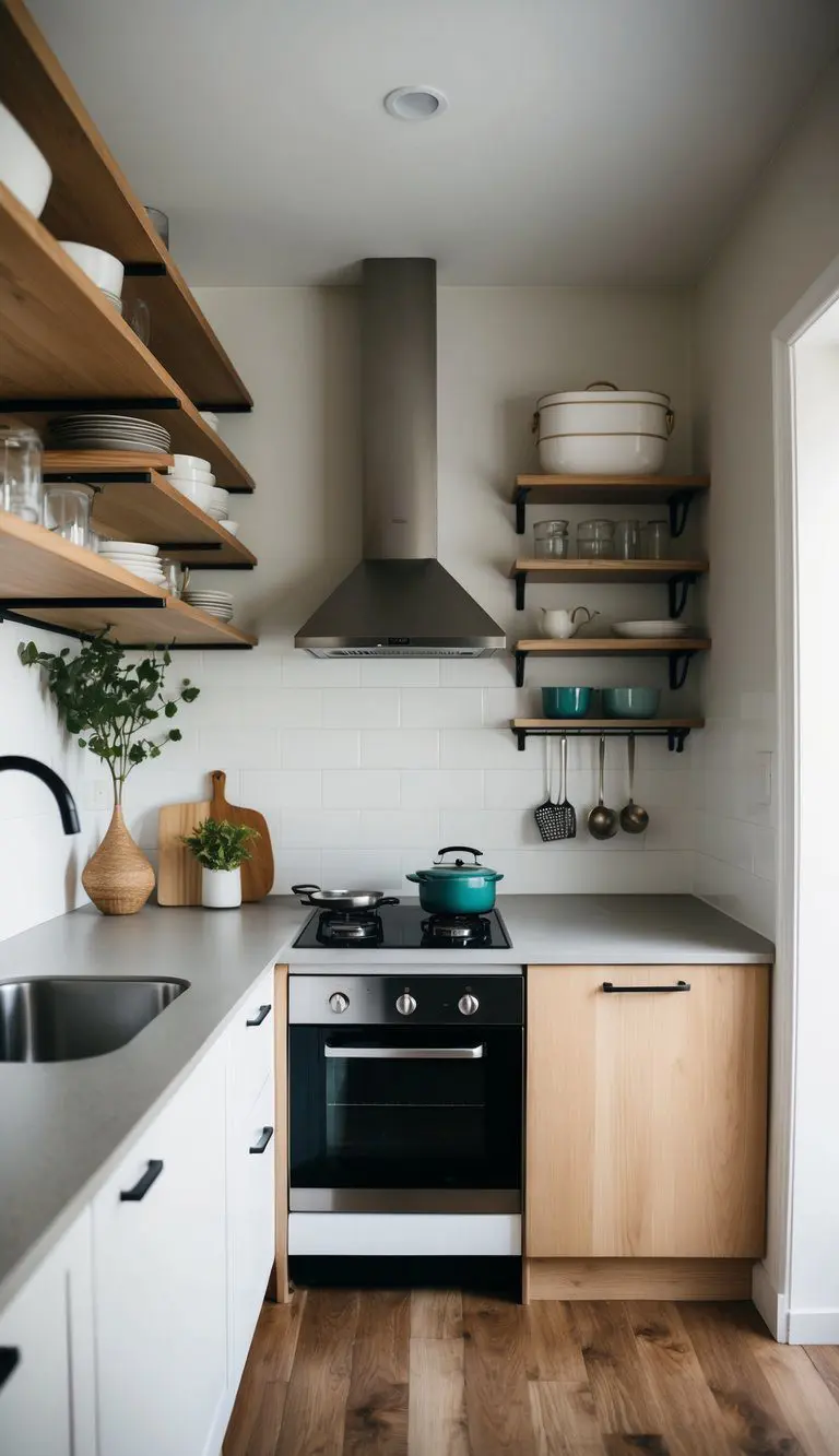 A cozy one-wall kitchen with open shelving, a compact stove, and a small sink, nestled in a tight space with clever storage solutions