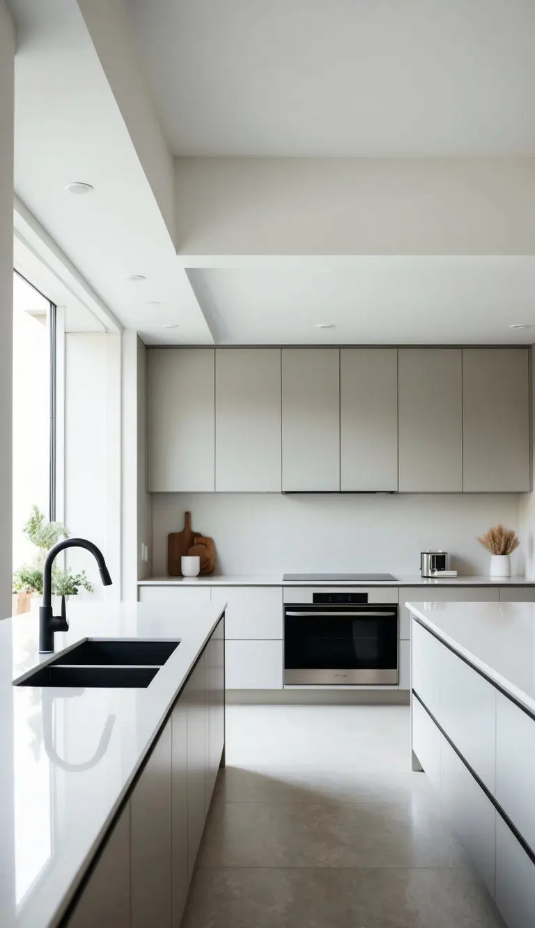 A spacious, uncluttered kitchen with sleek, modern appliances and minimalist decor. Light, neutral colors and clean lines create a serene, open atmosphere