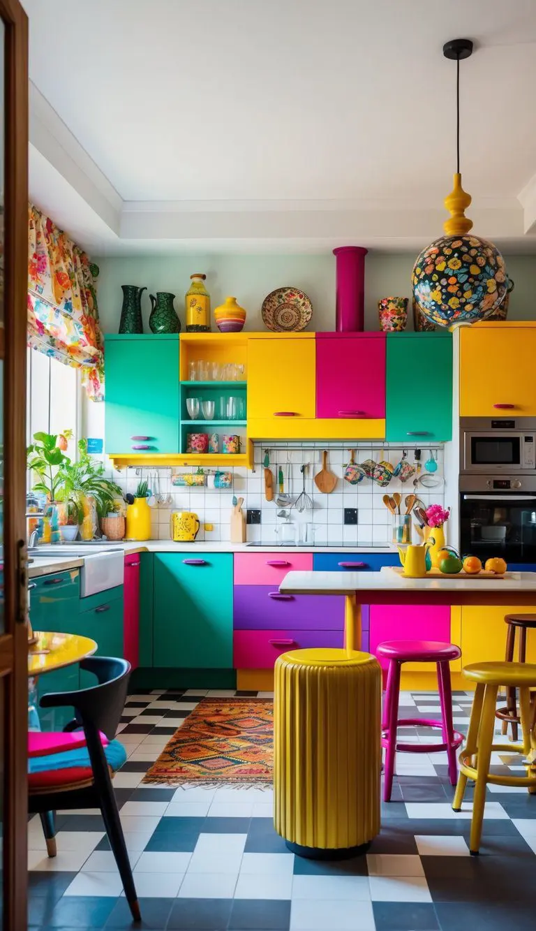 A vibrant kitchen with mix-matched furniture, bold colors, and unique decor pieces. A mix of modern and vintage elements creates an eclectic and lively atmosphere