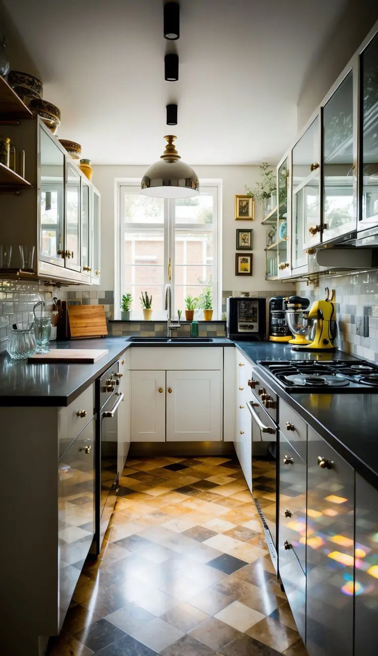 A kitchen with a mix of vintage and modern elements, such as retro appliances, sleek countertops, and eclectic decor