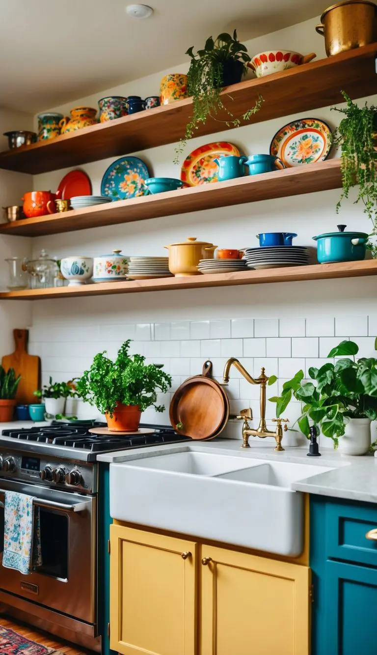 An eclectic kitchen with open shelving displaying colorful dishes, plants, and vintage cookware