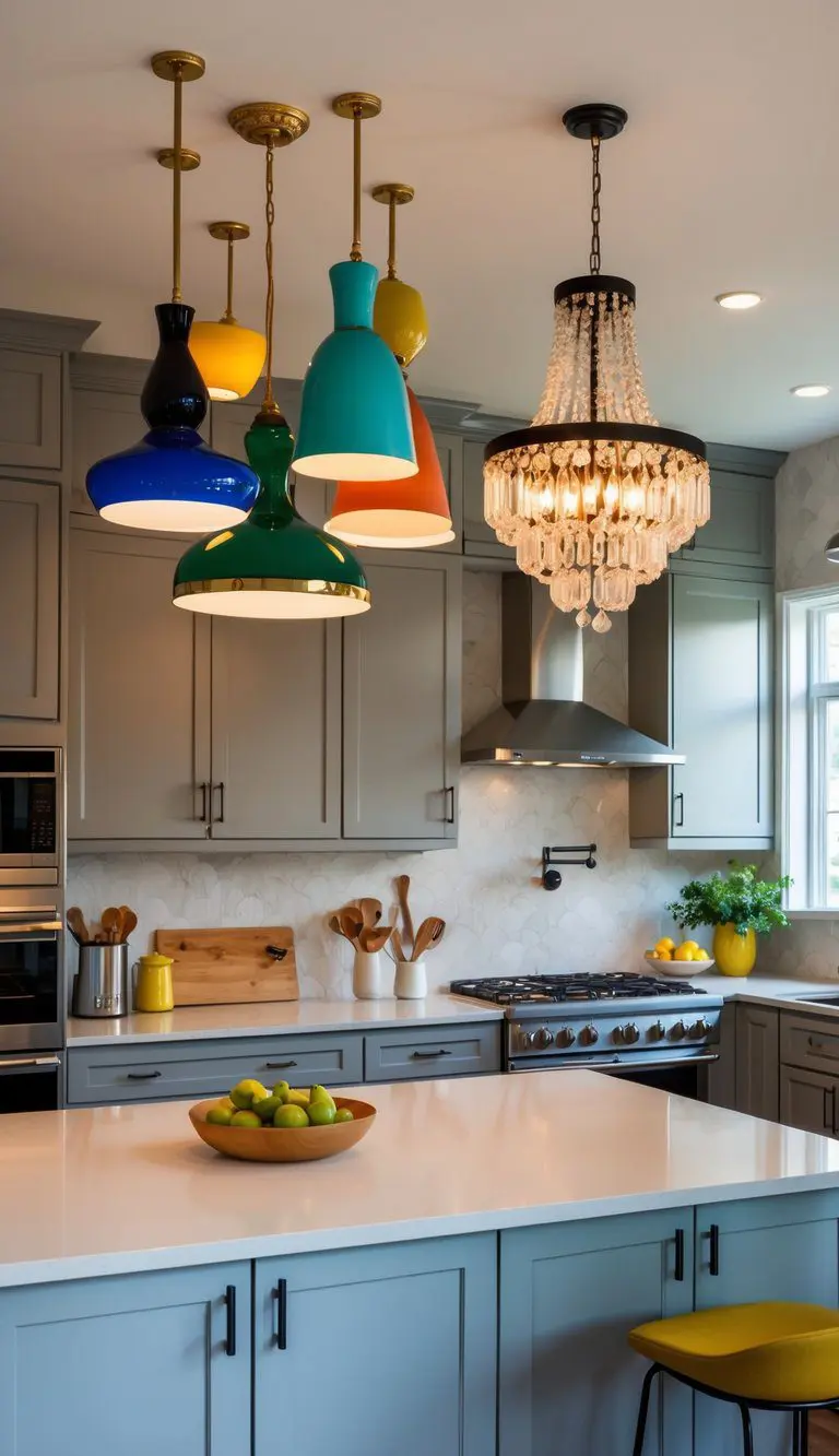 A kitchen with a mix of unique light fixtures, including colorful pendant lamps, vintage chandeliers, and modern industrial sconces