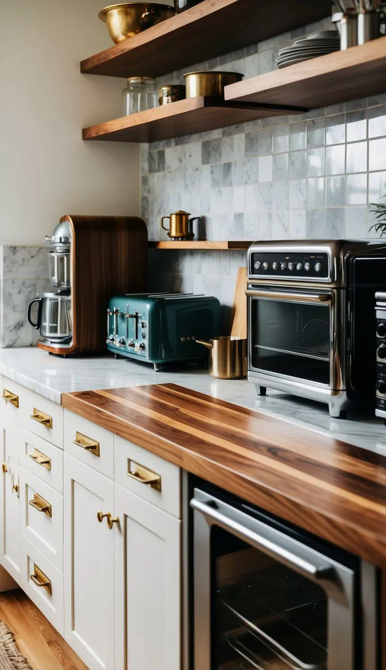 A kitchen counter with a mix of wood, marble, and metal surfaces. Vintage appliances sit alongside modern gadgets, creating an eclectic and inviting space