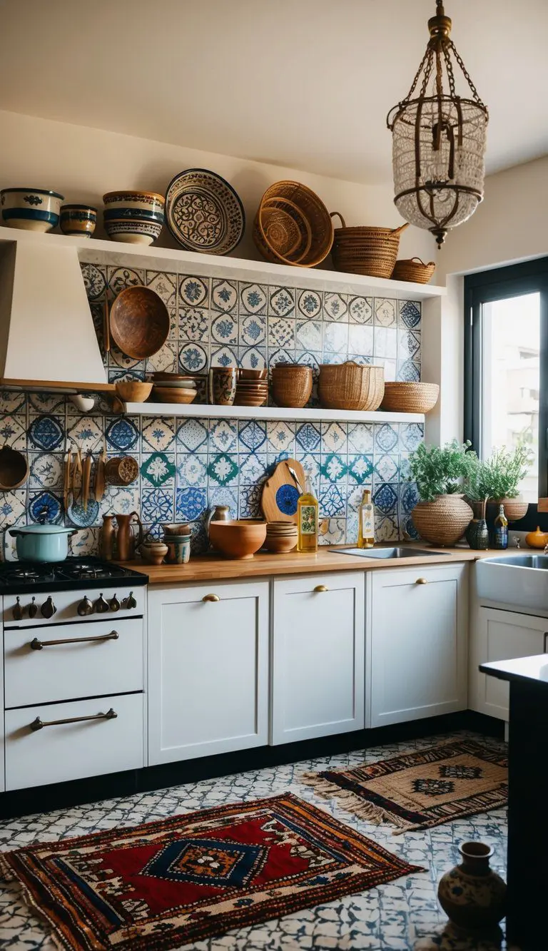 An eclectic kitchen with global touches: Moroccan tiles, Japanese ceramics, Indian textiles, Italian pottery, Turkish rugs, African baskets, French cookware, Mexican pottery, Chinese tea set, and Greek olive oil