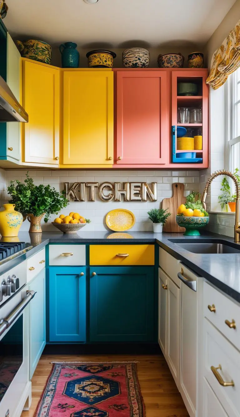 A kitchen with a mix of vibrant and neutral cabinet colors, complemented by eclectic decor and accessories