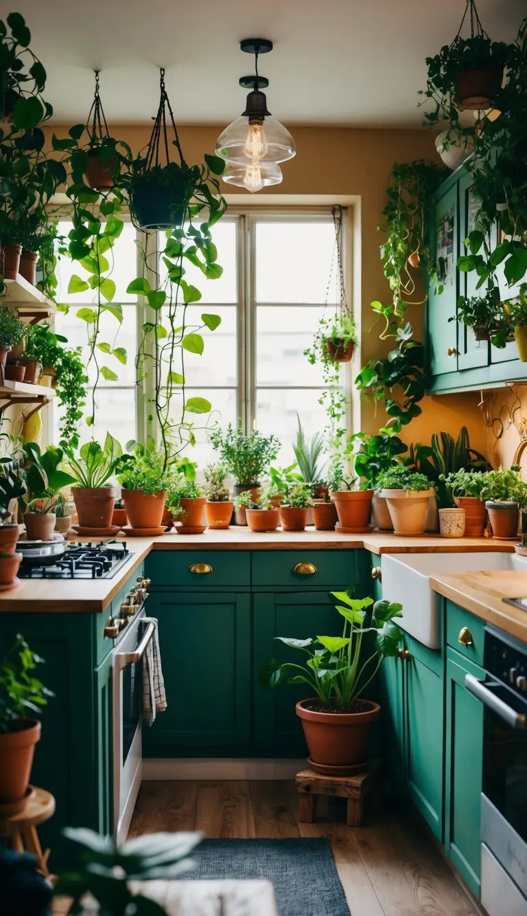 A cozy kitchen filled with an array of plants, from hanging vines to potted herbs, creating a vibrant and eclectic atmosphere