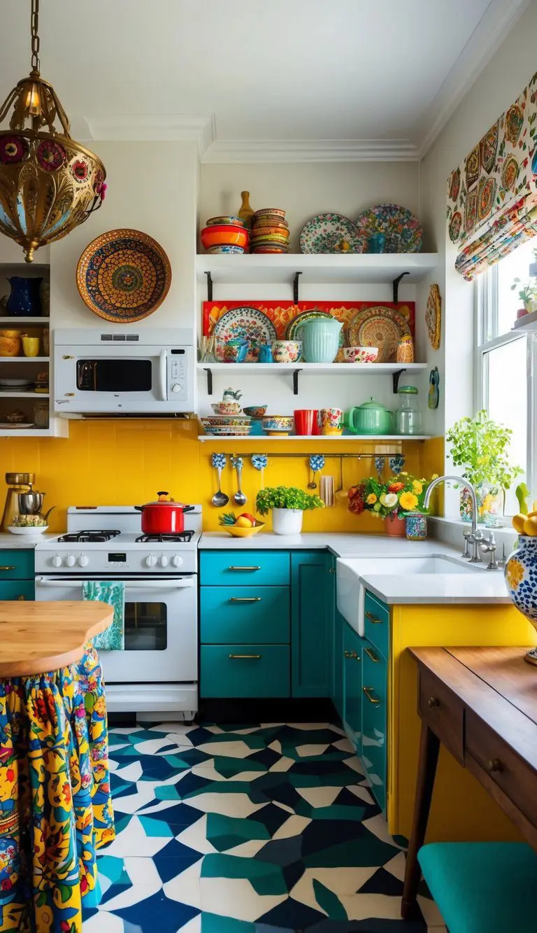 An eclectic kitchen with a mix of vintage and modern furniture, colorful patterns, and unique decor pieces