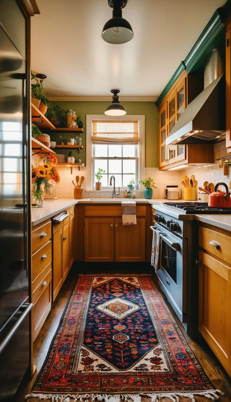 A cozy kitchen with colorful vintage rugs adding warmth and character to the eclectic space