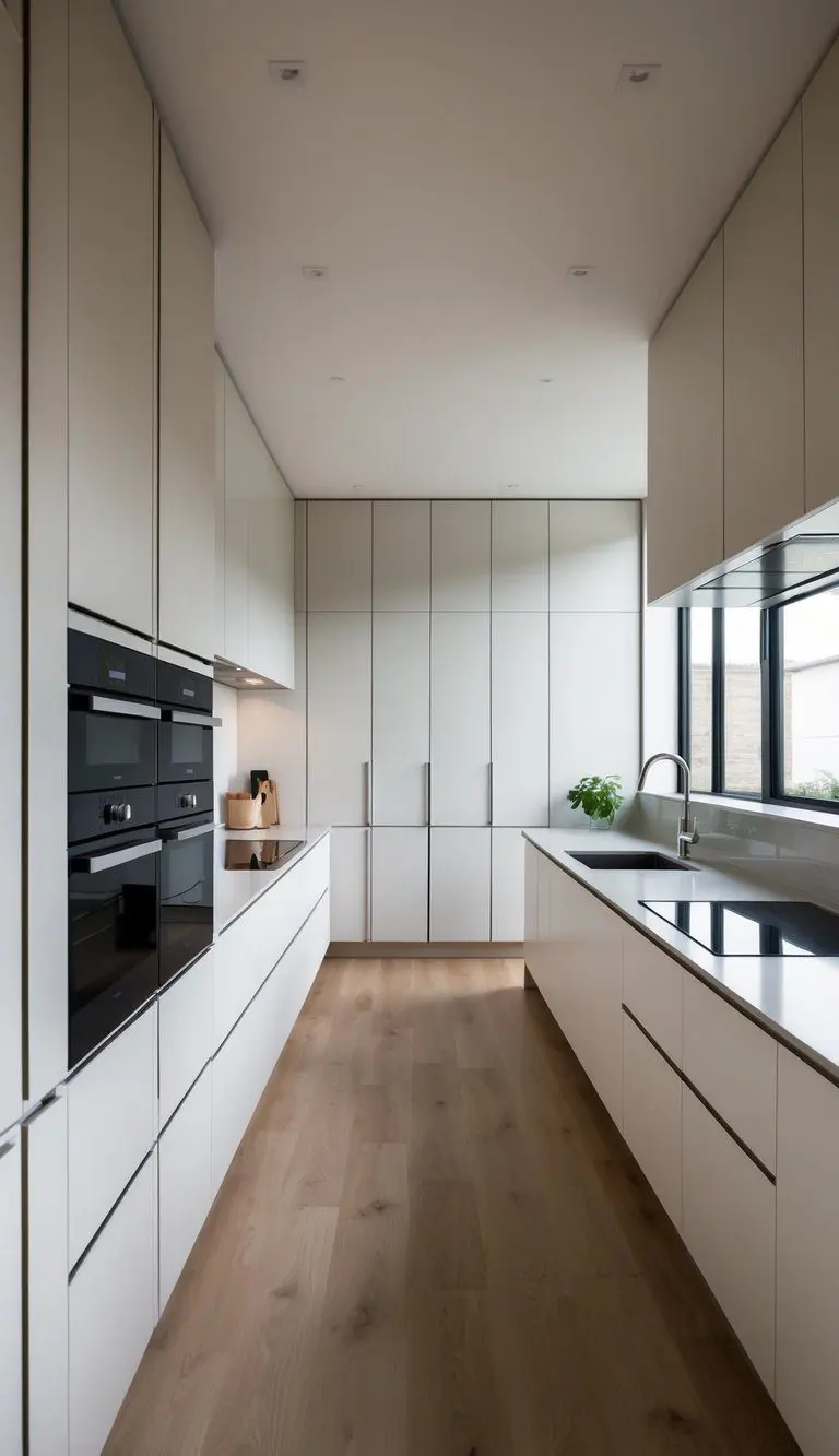 Ceiling-height cabinets line the walls of a spacious L-shaped kitchen, providing ample storage and a sleek, modern look