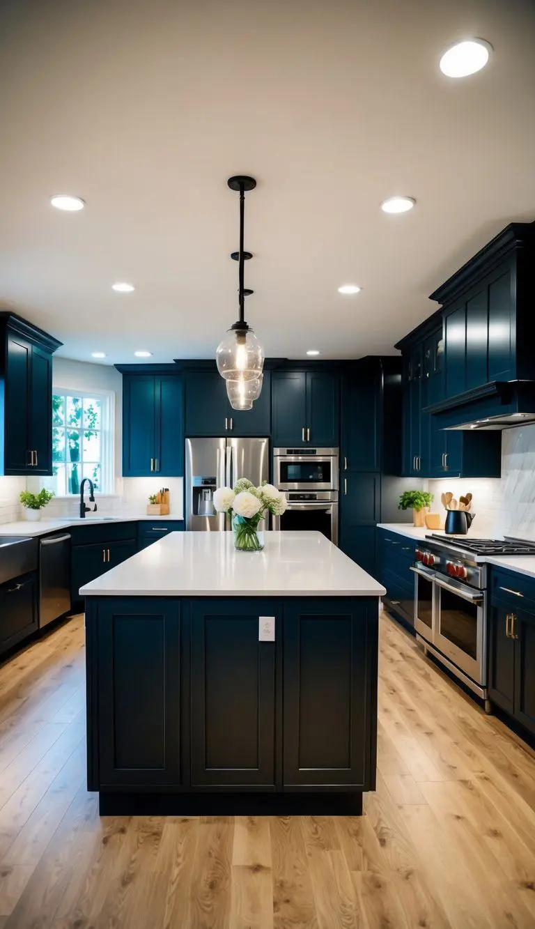 A spacious L-shaped kitchen with a multifunctional center island, featuring modern appliances and ample storage