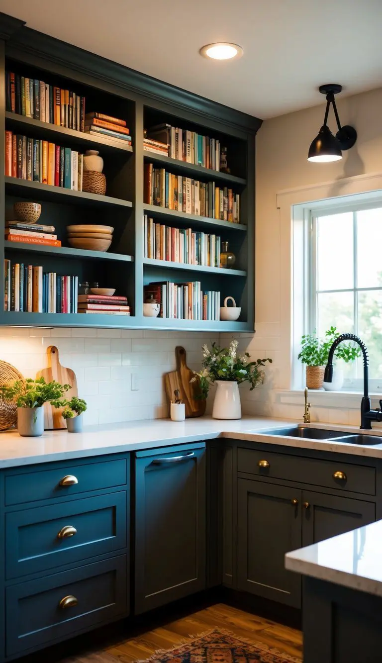 A cozy kitchen with an L-shaped layout features a built-in bookcase filled with cookbooks and decorative items, adding warmth and character to the space