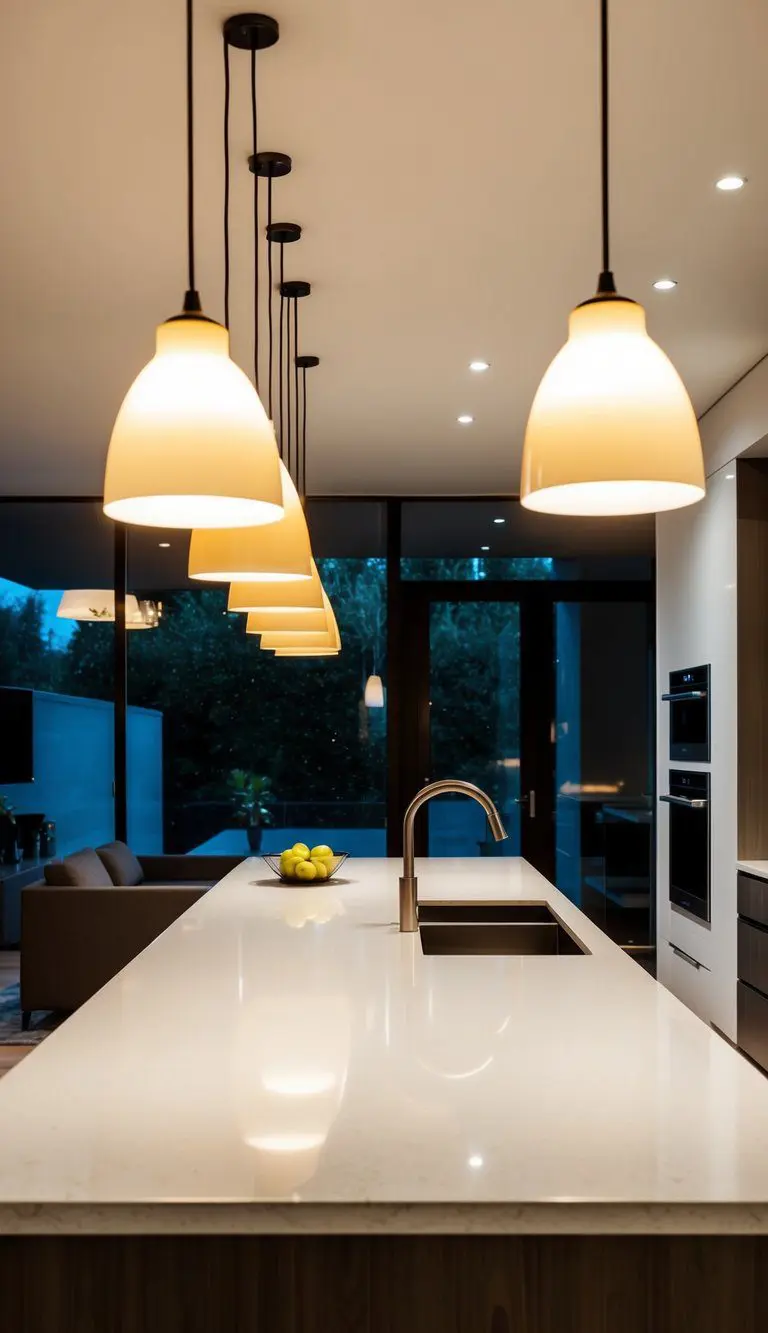 The L-shaped kitchen is illuminated by pendant lights, casting a warm glow over the sleek countertops and modern appliances