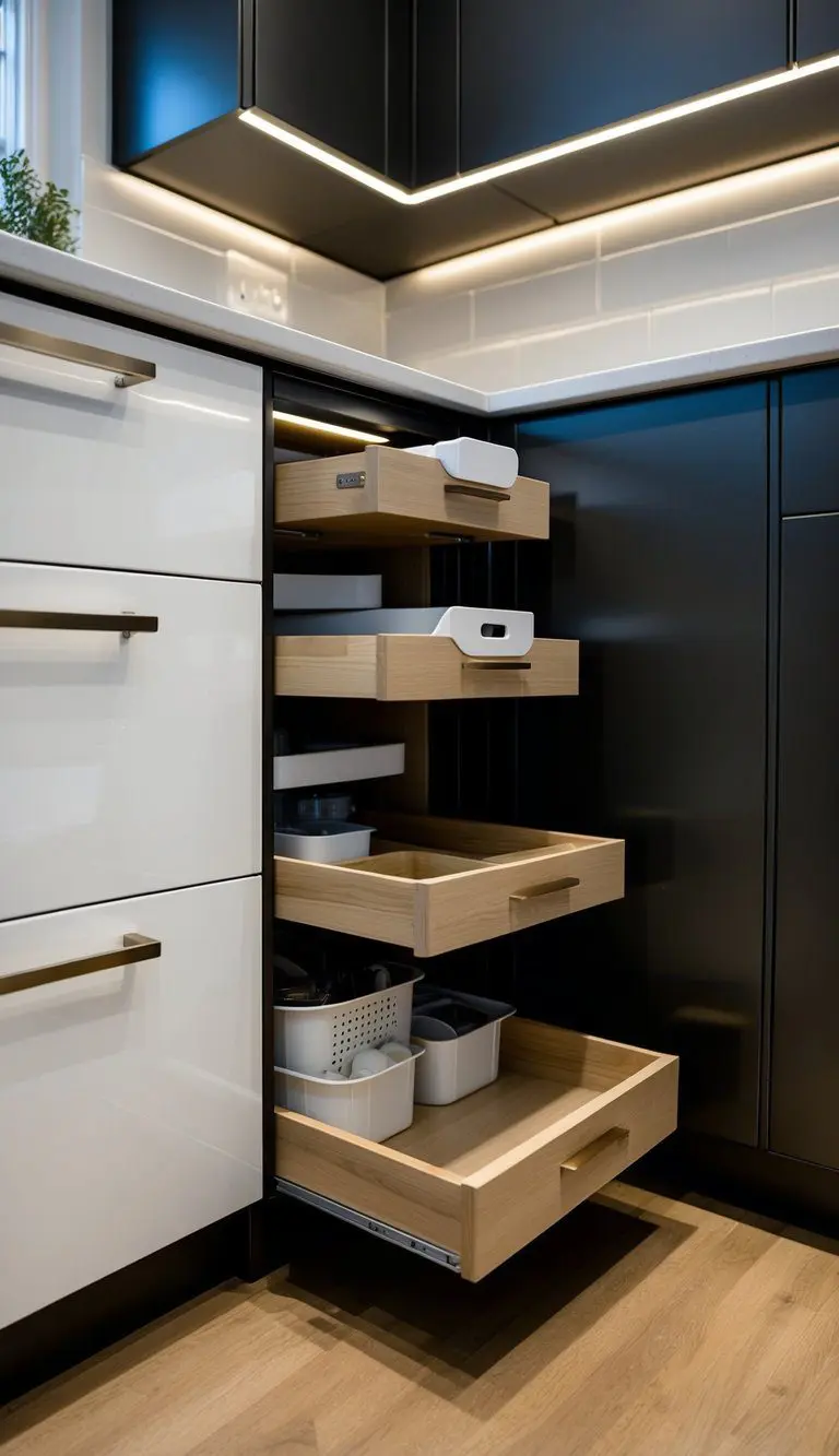 Corner pull-out drawers maximize storage in a modern L-shaped kitchen. Sleek, handle-less design with integrated lighting and organized compartments