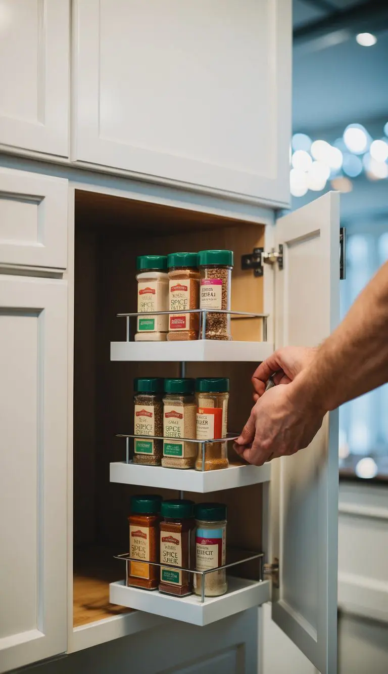A hand installing a sliding spice rack in an L-shaped kitchen cabinet