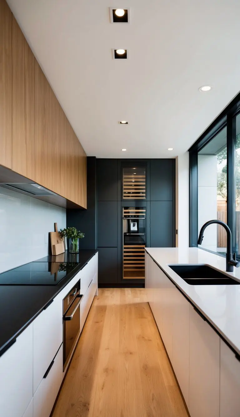 A modern L-shaped kitchen with contrasting countertop colors, sleek cabinetry, and minimalistic decor