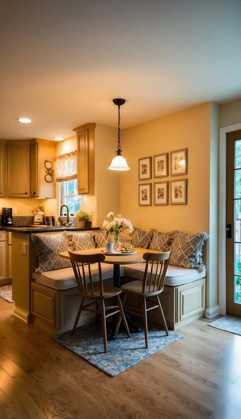 A cozy breakfast nook nestled in the corner of a spacious L-shaped kitchen, featuring a small table and chairs, surrounded by warm natural light and adorned with charming decor
