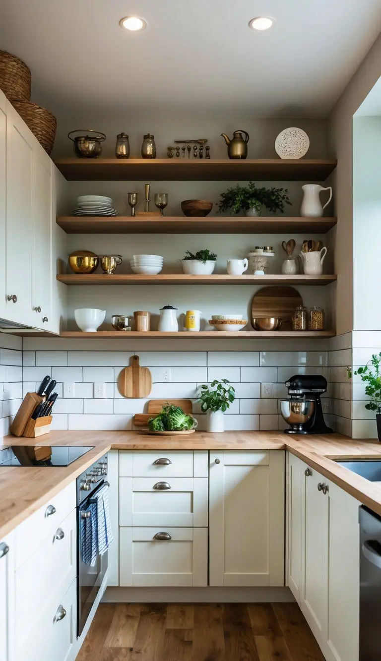 An L-shaped kitchen with open shelving at accessible heights, showcasing various kitchen items and decor