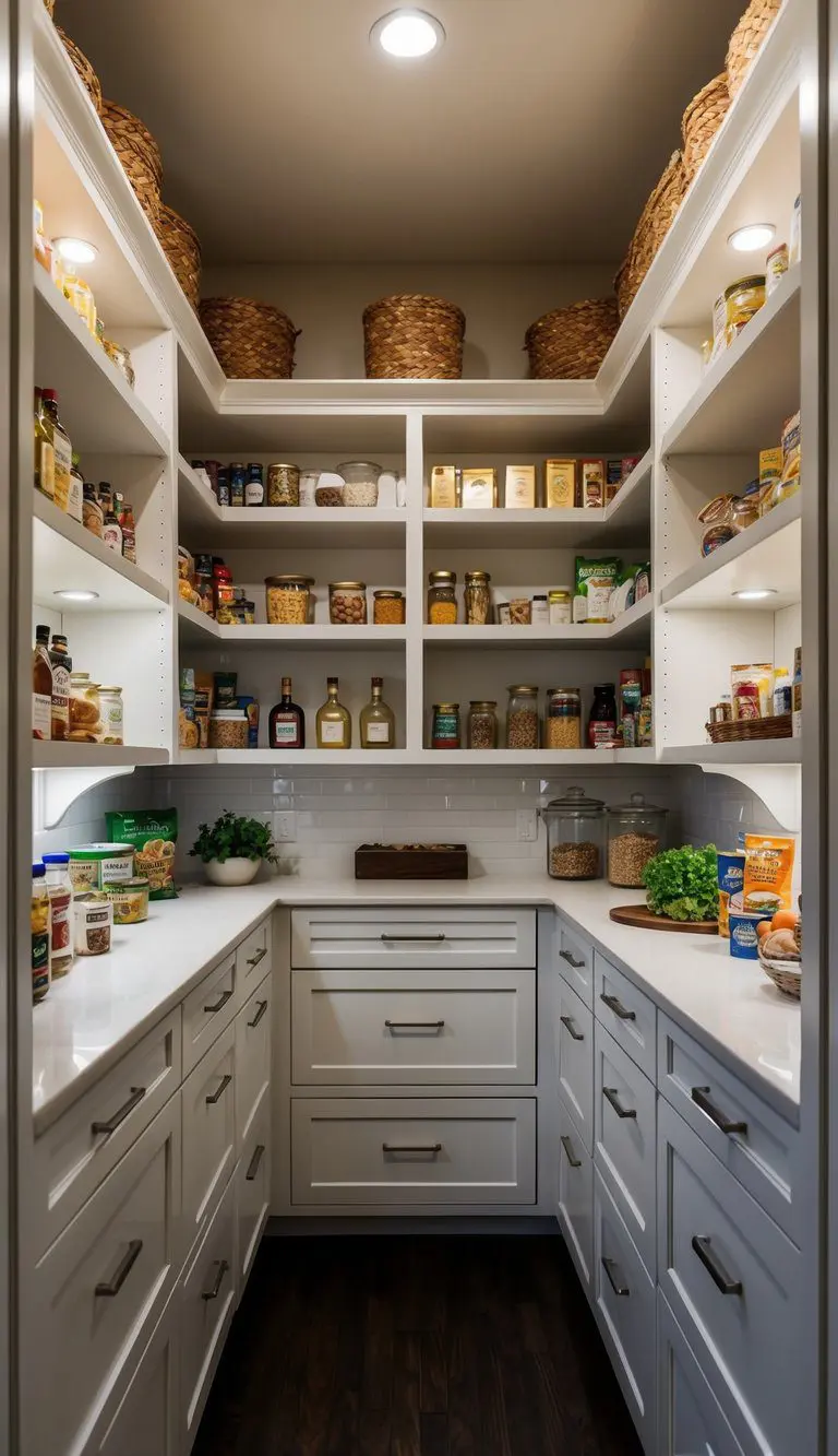 A spacious, well-lit pantry with custom shelving, elegant lighting, and a variety of luxury food items neatly organized and displayed