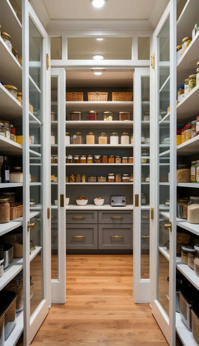 A spacious walk-in pantry with glass doors, showcasing a luxurious and organized interior with shelves filled with gourmet ingredients and elegant storage containers
