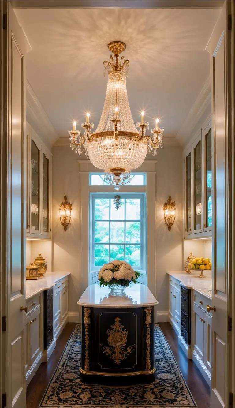 A grand chandelier illuminates a sophisticated butler's pantry, complete with luxurious decor and elegant design