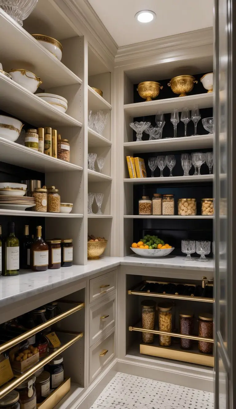 A spacious, organized pantry with lacquer-coated shelves, filled with luxurious items such as fine china, crystal glassware, and gourmet food products