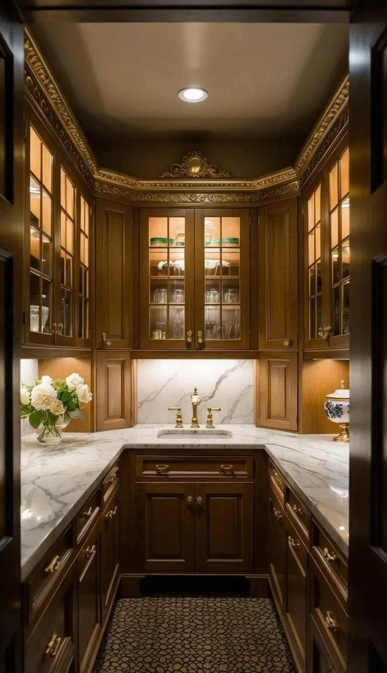 A cozy, dimly lit butler's pantry with vintage cabinets, marble countertops, and ornate detailing