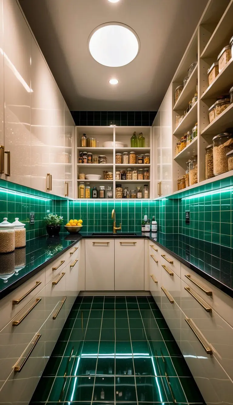 A modern pantry with glossy green tiles, sleek countertops, and luxurious storage solutions