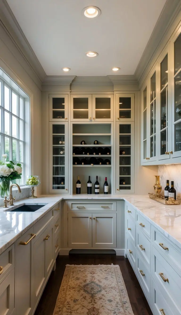 A spacious and elegant butler's pantry with marble countertops, custom cabinetry, wine storage, and ample natural light