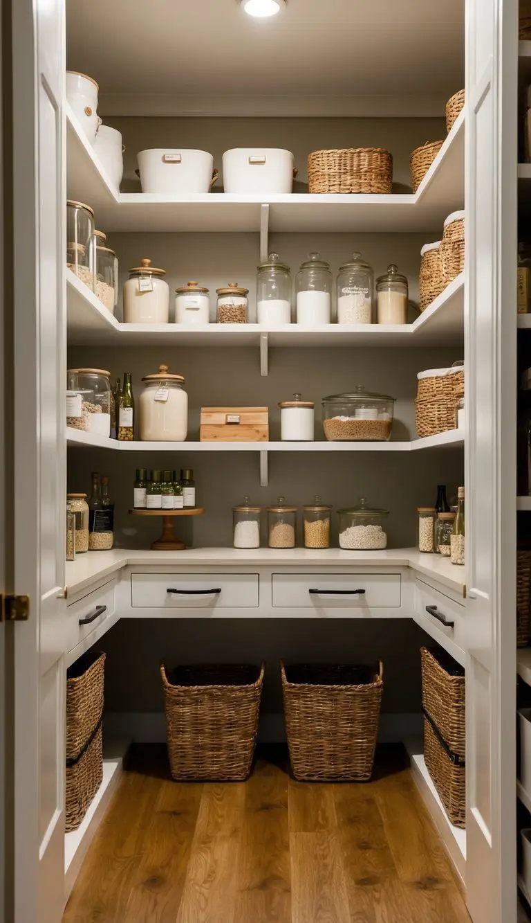 A spacious pantry with open shelving, filled with neutral-toned jars, baskets, and luxury kitchen items