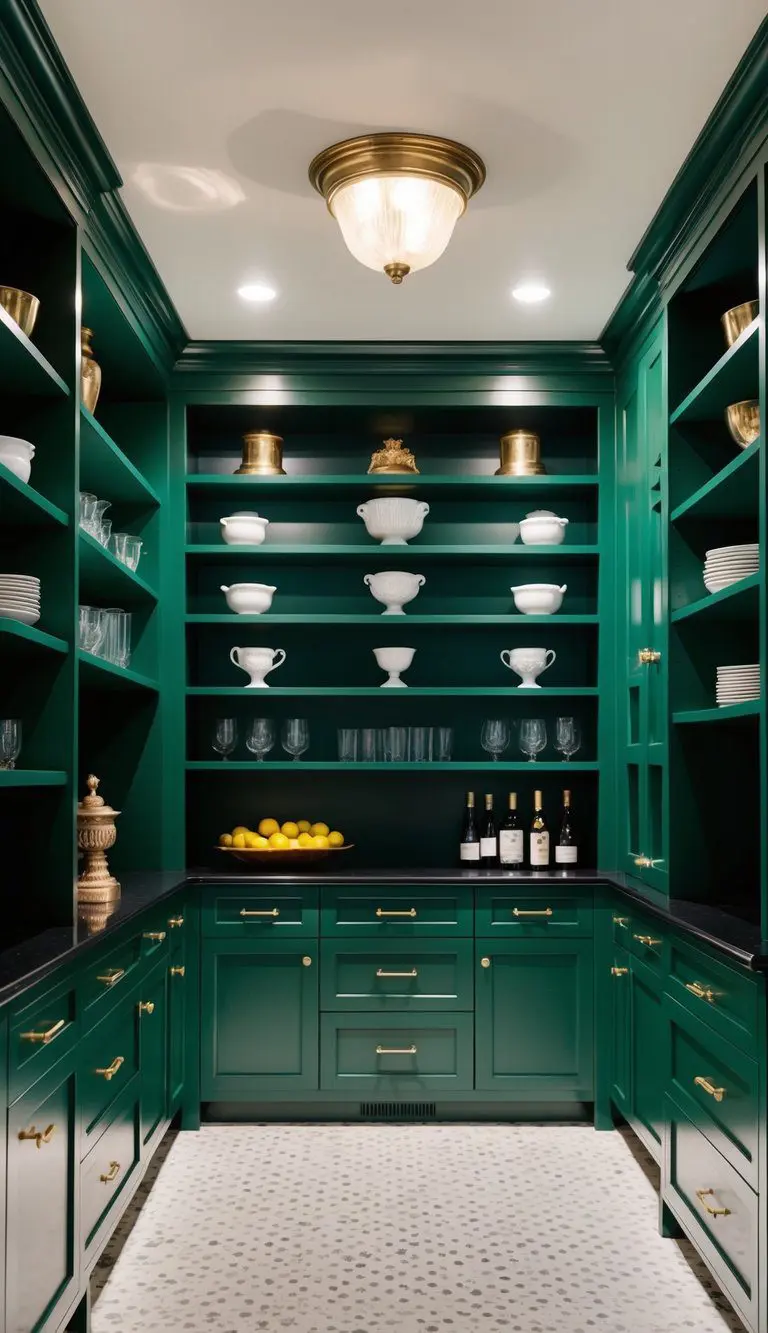A spacious butler's pantry with deep green shelving, showcasing elegant organization and luxury kitchen storage
