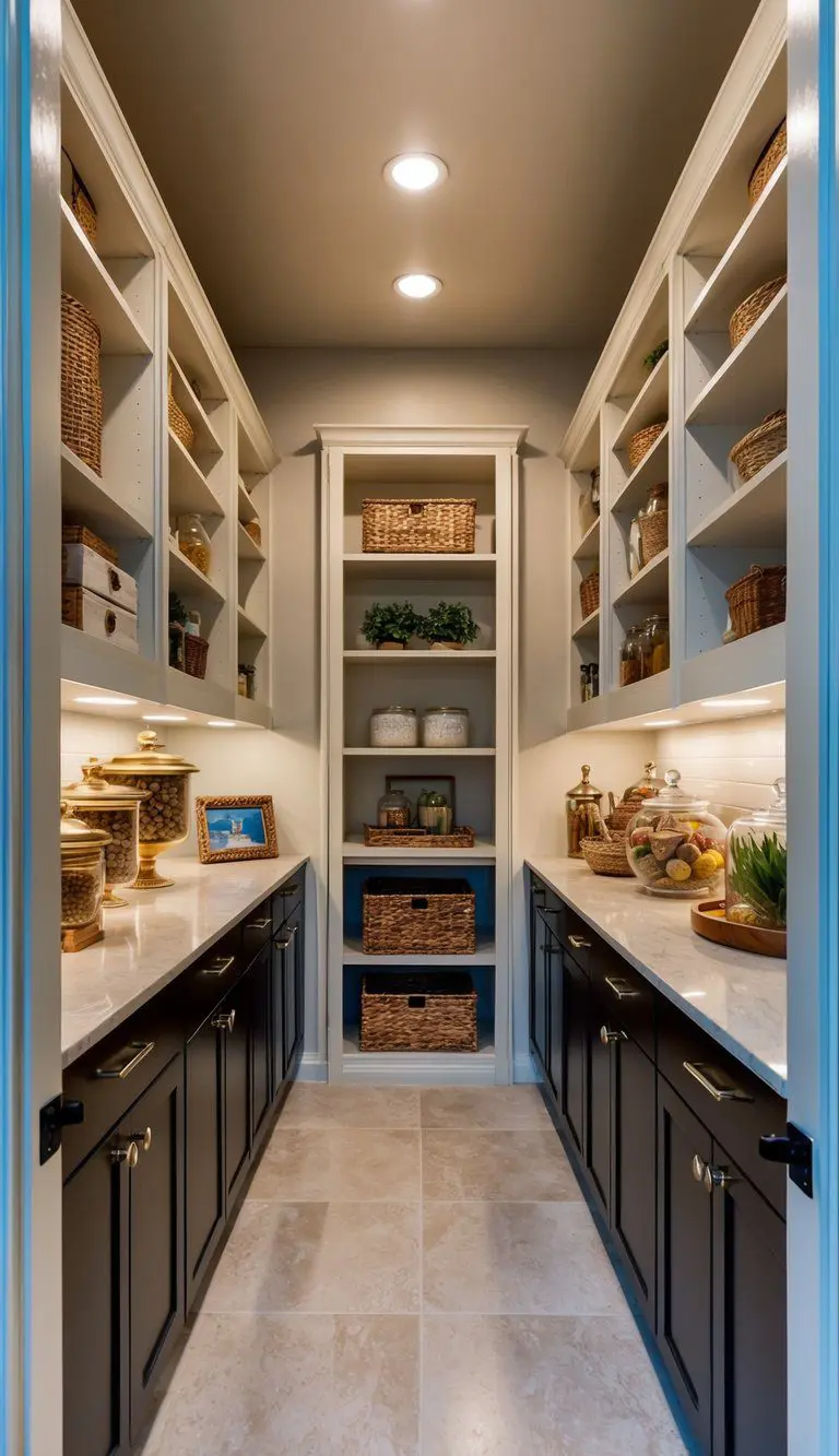 A walk-in pantry with narrow countertops, filled with luxurious storage items and elegant decor