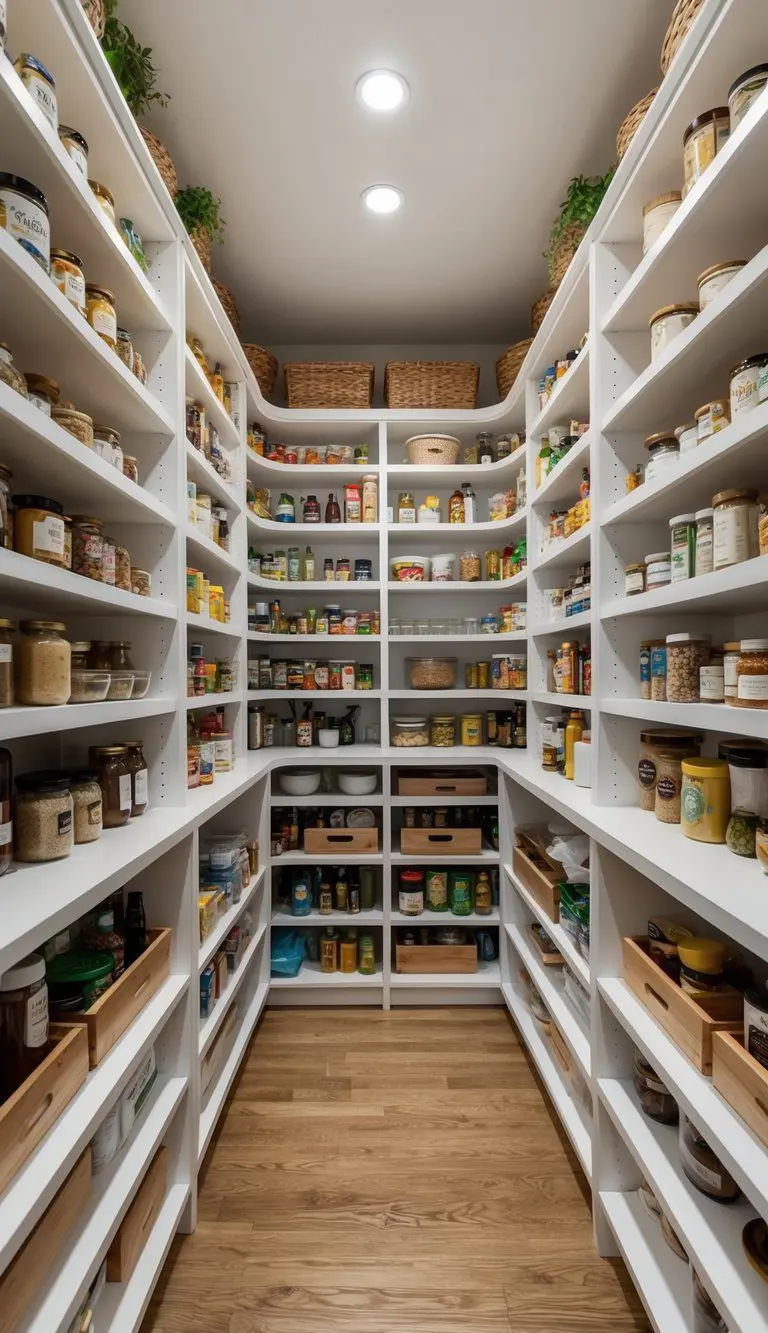 A spacious luxury pantry with wrap-around shelving filled with neatly organized gourmet ingredients and kitchen supplies