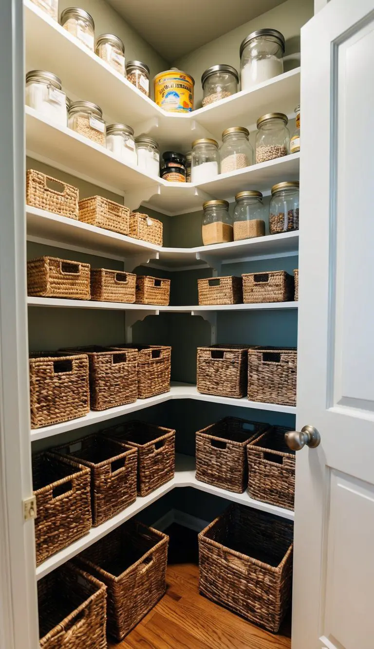 Shelves and baskets neatly arranged in a small corner pantry, utilizing vertical space efficiently