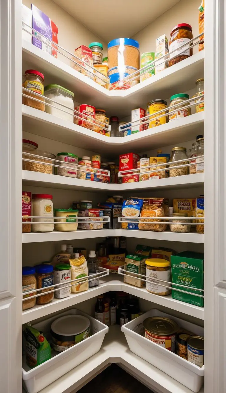A small pantry with corner shelves filled with neatly organized food items for easy access