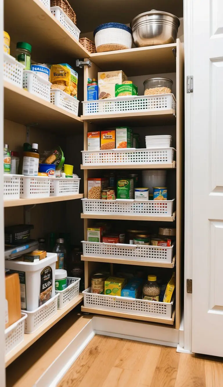 A small corner pantry with pull-out baskets for organization, neatly storing various food items and kitchen supplies