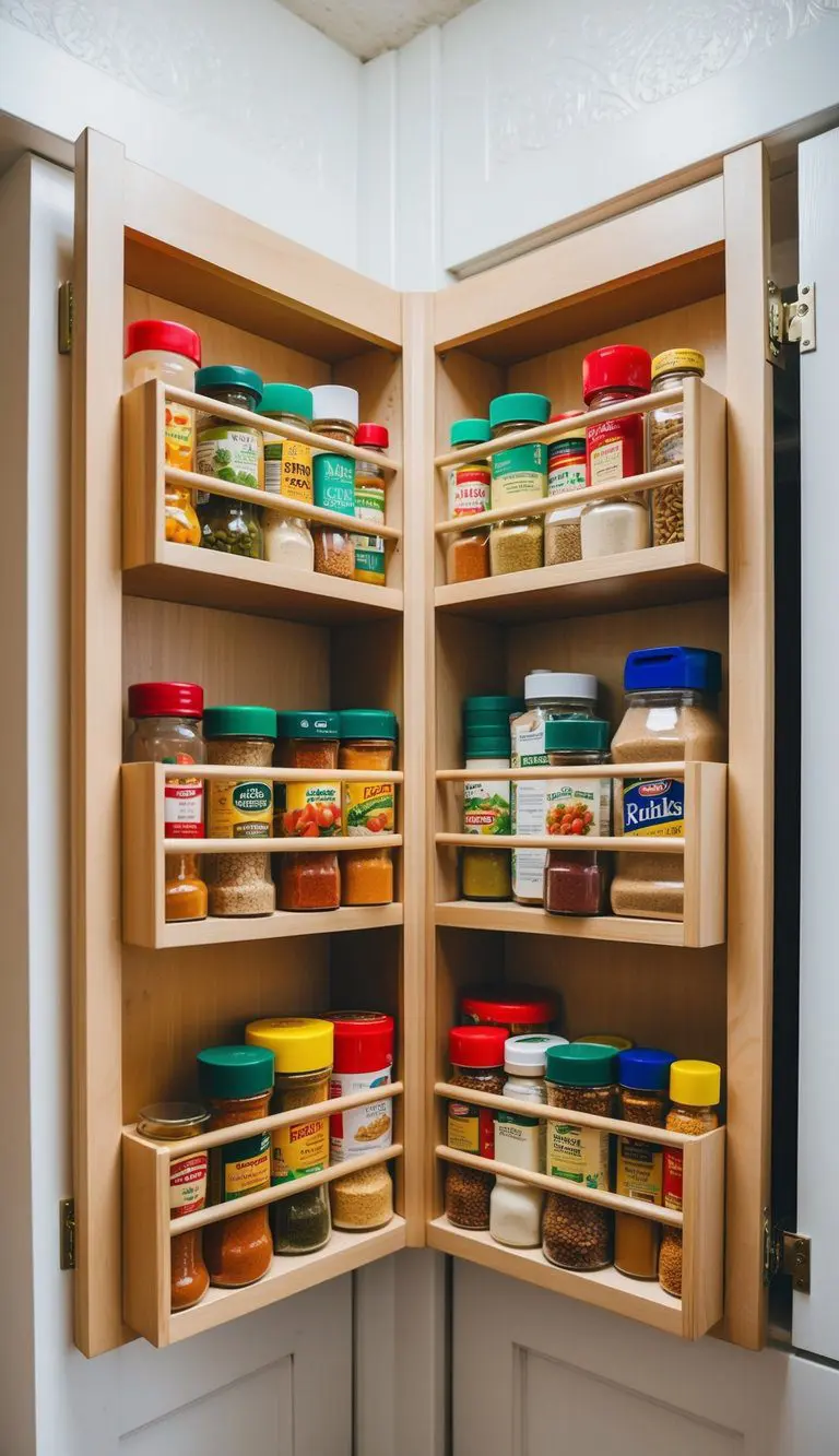 Spices and small items neatly organized on door racks in a corner pantry