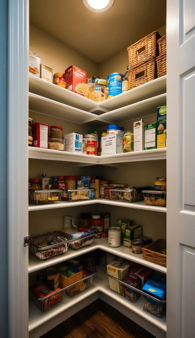 A small corner pantry with tiered shelving for better visibility of items