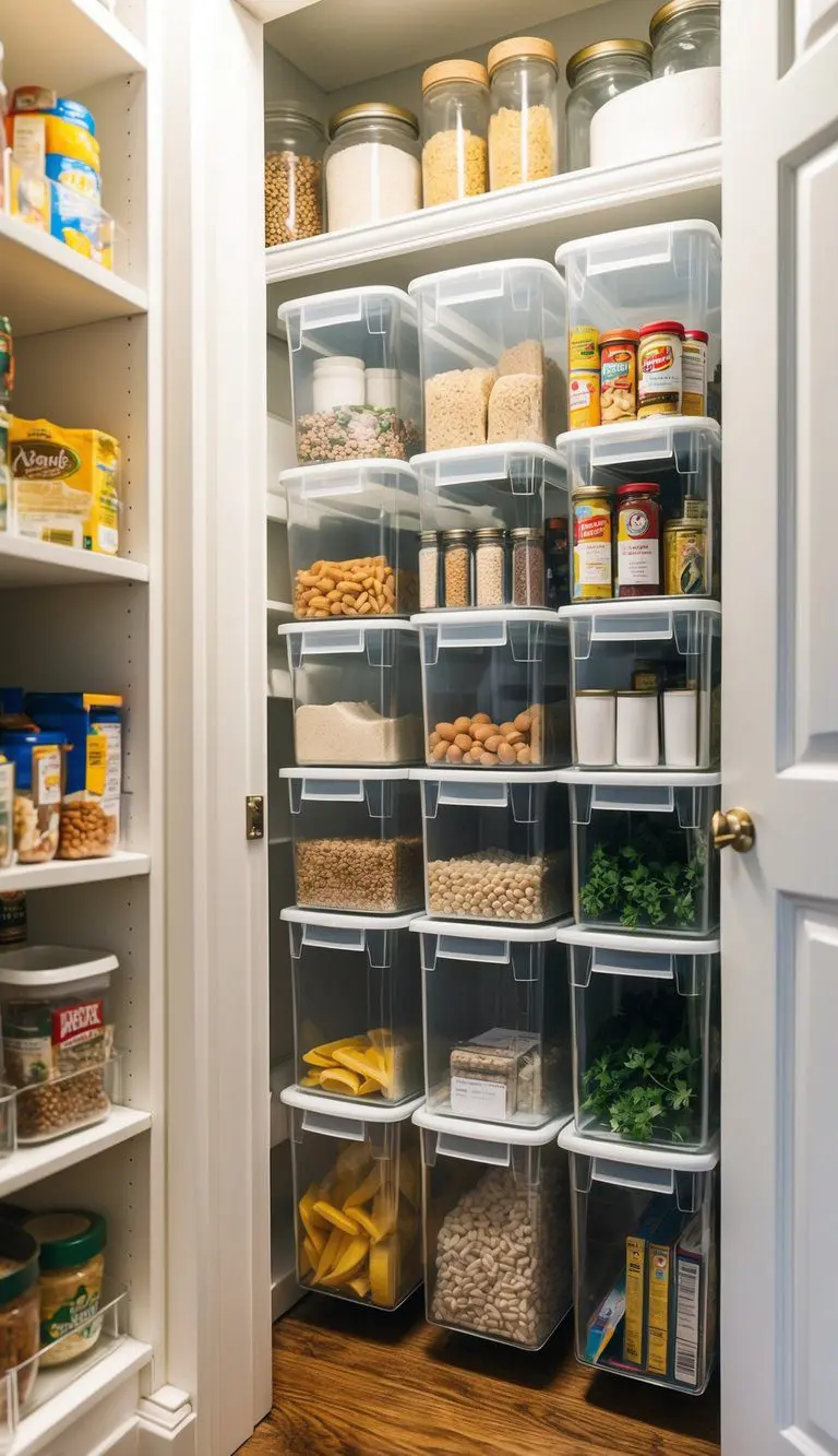 Clear acrylic bins neatly organized in a small pantry, showcasing the visibility of the contents