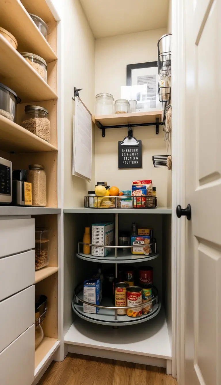 A kitchen corner with a small pantry, featuring a lazy Susan for easy access to storage items
