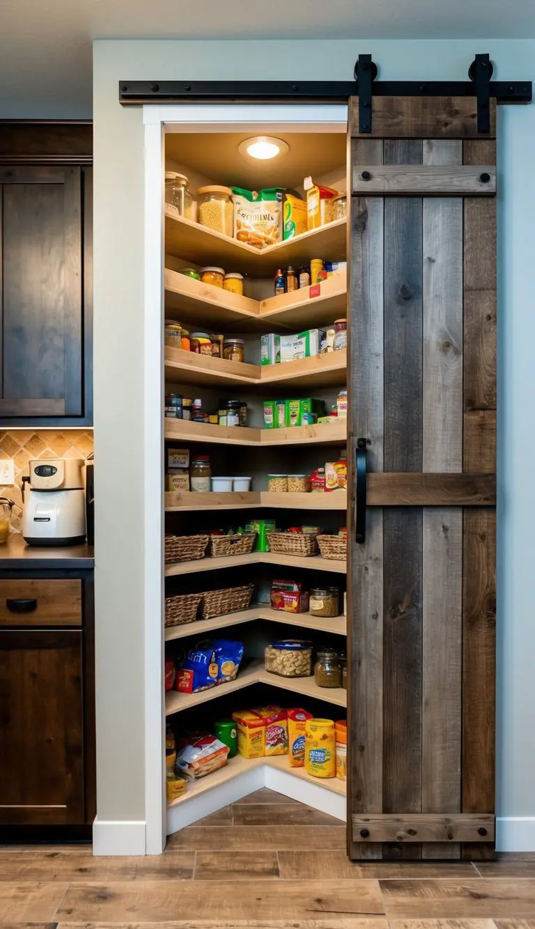 A rustic sliding barn door opens to reveal a small corner pantry filled with neatly organized shelves of food and kitchen supplies