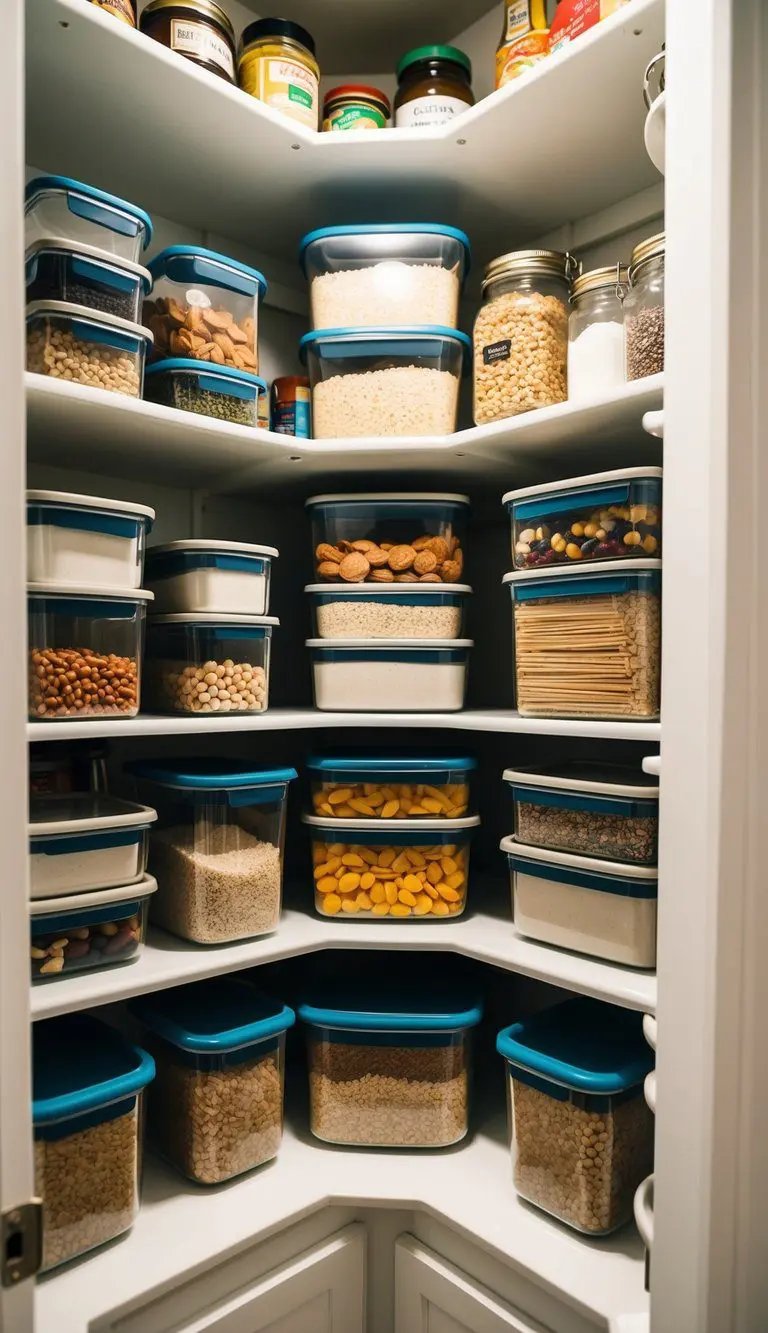 Stackable containers neatly arranged in a small corner pantry, maximizing space and organization