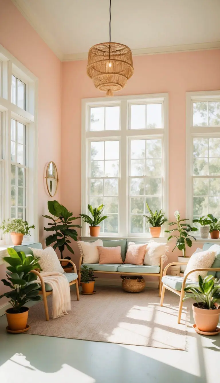 A sunlit, airy sunroom with pastel-colored walls, filled with potted plants, cozy seating, and soft, natural light pouring in through large windows