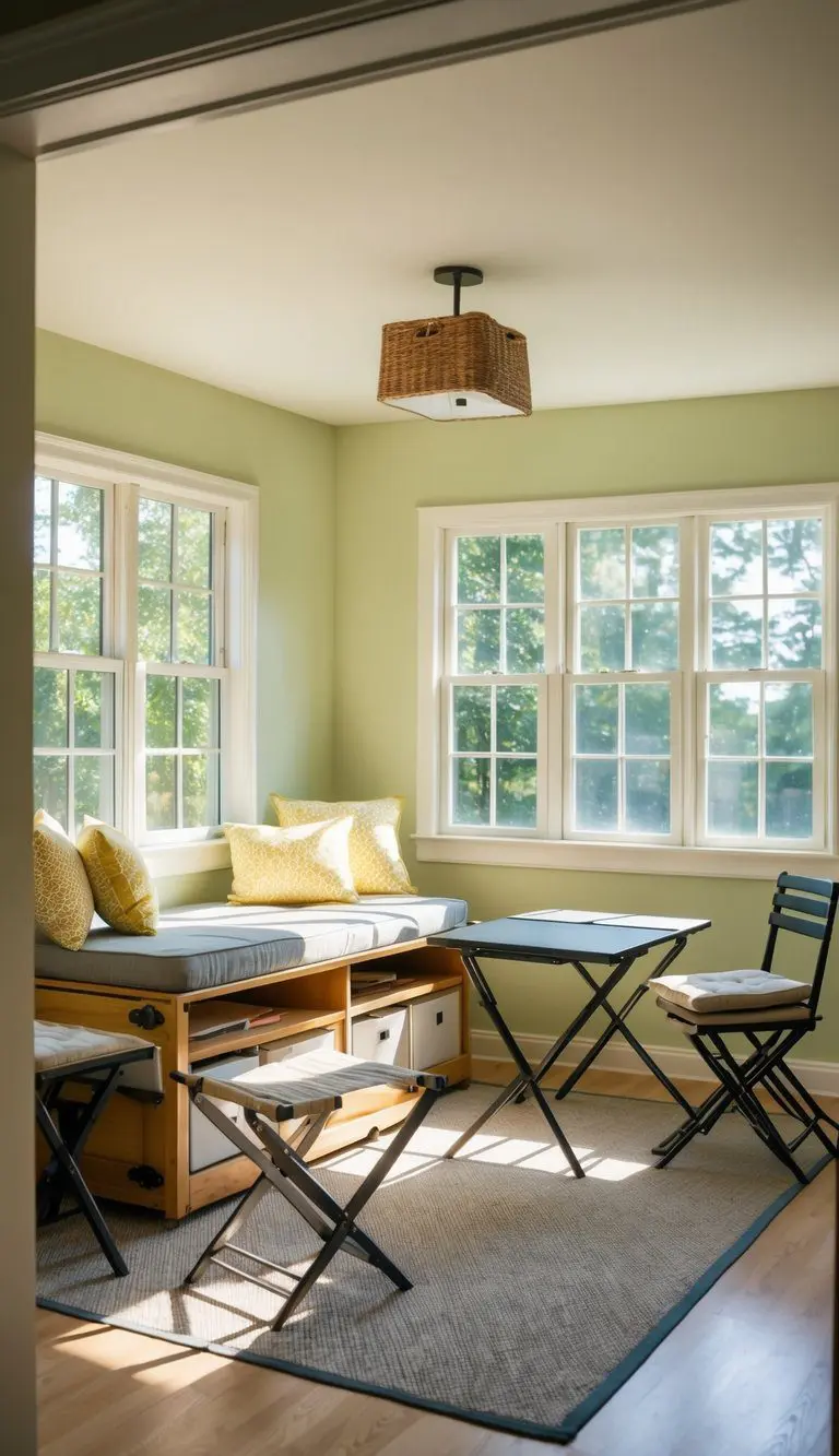 A small sunroom with convertible furniture, such as a daybed with storage, folding tables, and stackable chairs. Bright natural light fills the space through large windows, creating a cozy and versatile area
