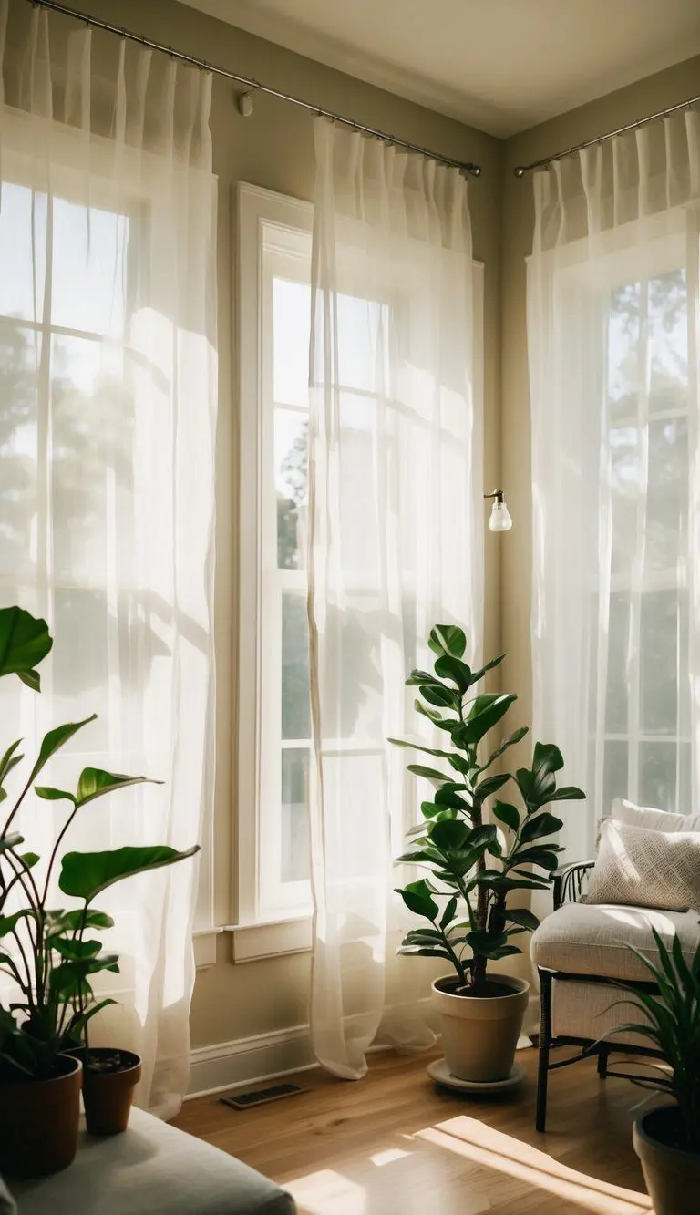 Sheer curtains billow in a sunlit small sunroom, casting soft, dappled light on potted plants and comfortable seating