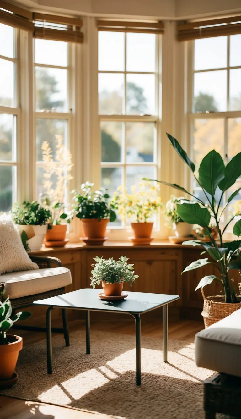 A small coffee table sits in a sunlit sunroom surrounded by potted plants, cozy seating, and warm natural light streaming in through large windows