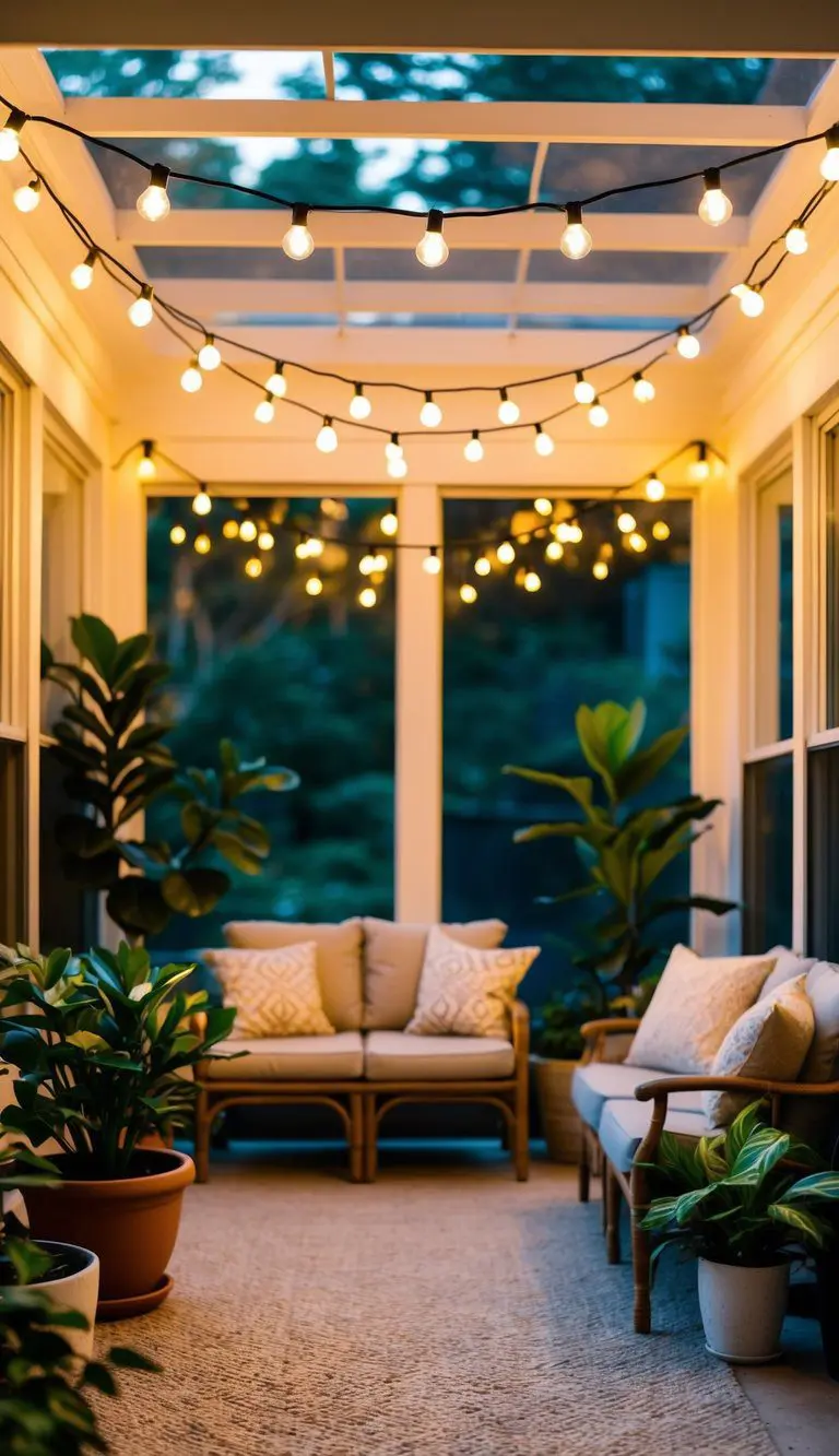 String lights hang above a cozy sunroom, casting a warm glow over potted plants and comfortable seating