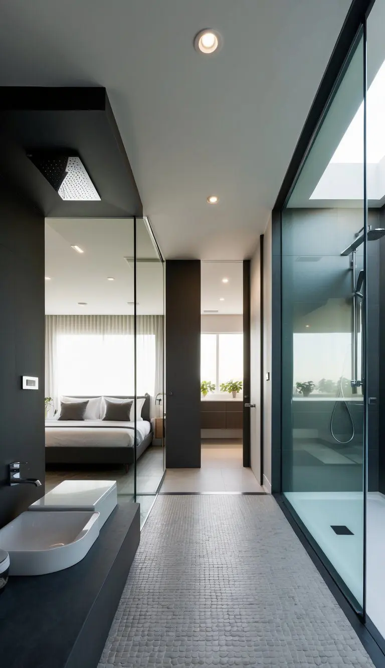 A spacious, open-concept bedroom and bathroom with sleek, modern fixtures and a seamless transition between the wet-room style shower and the bedroom area