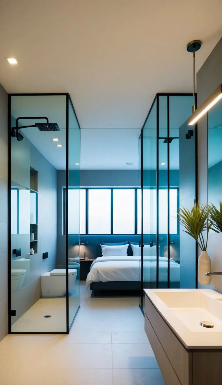 A modern bathroom and bedroom combo with glass partitions for sleek separation, allowing light to flow through the space
